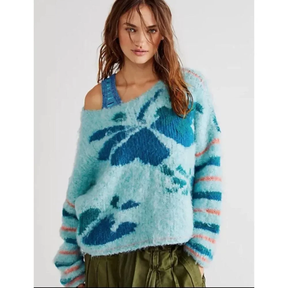 Free People Lily Pullover Sweater In Mosaic Sky Combo Size XS